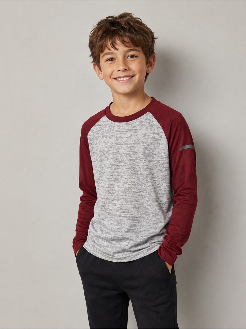 NWT Boys' Maroon Raglan Long-Sleeve Tee with Heather Gray Body